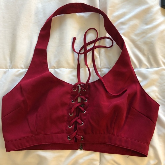 Forever 21 red lace-up halter cropped vest, M - Picture 1 of 3